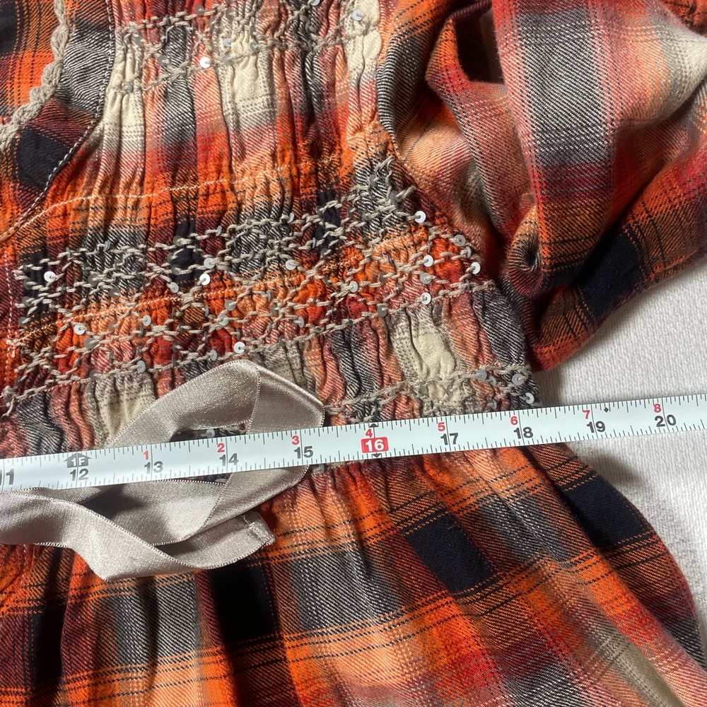 Sundance Orange Black Cream Plaid Peasant Top - Picture 5 of 8